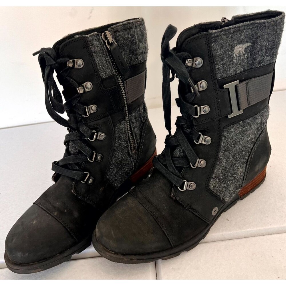 Sorel Major Carly Womens Boot 7 Black Gray Leather Wool Lace Up Boots NL2324-010 - Picture 4 of 13
